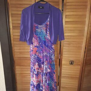 Beautiful! Kasper SZ 8 Purple Blue Artistic Print Tiered Chiffon Dress w/Shrug